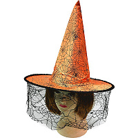 Товары для праздника|Карнавальные шляпы|Шляпа ведьмы|Шляпа ведьмы с вуалью (оранжевая)