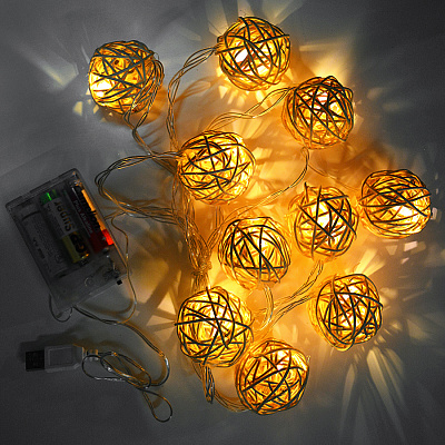 Гірлянда LED Кульки ротанг (батарейки та USB)