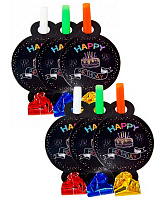 Дудки праздничные Happy Birthday торт неон