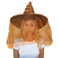 Праздники|Halloween|Шляпы на Хэллоуин|Колпак Ведьмы с фатином (черно-оранжевый)