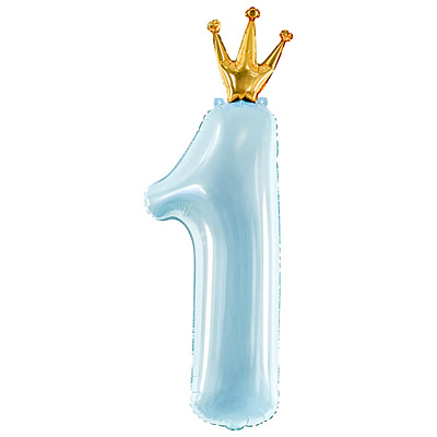 Шар цифра 1 фольга 66 см с короной (голубая)