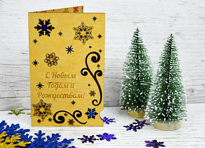 Деревянная открытка С НГ снежинки