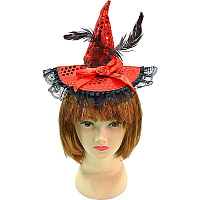 Праздники|Halloween|Шляпы на Хэллоуин|Шляпка ведьмы на обруче (красная пайетка)
