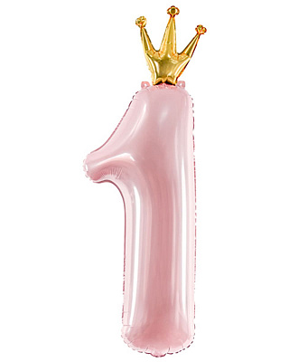 Куля цифра 1 фольгована 66 см з короною (рожева)