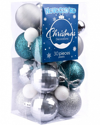 Набір новорічних кульок 30 шт срібно-бірюзовий
