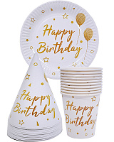 Набор Happy Birthday бело-золотой 10 персон